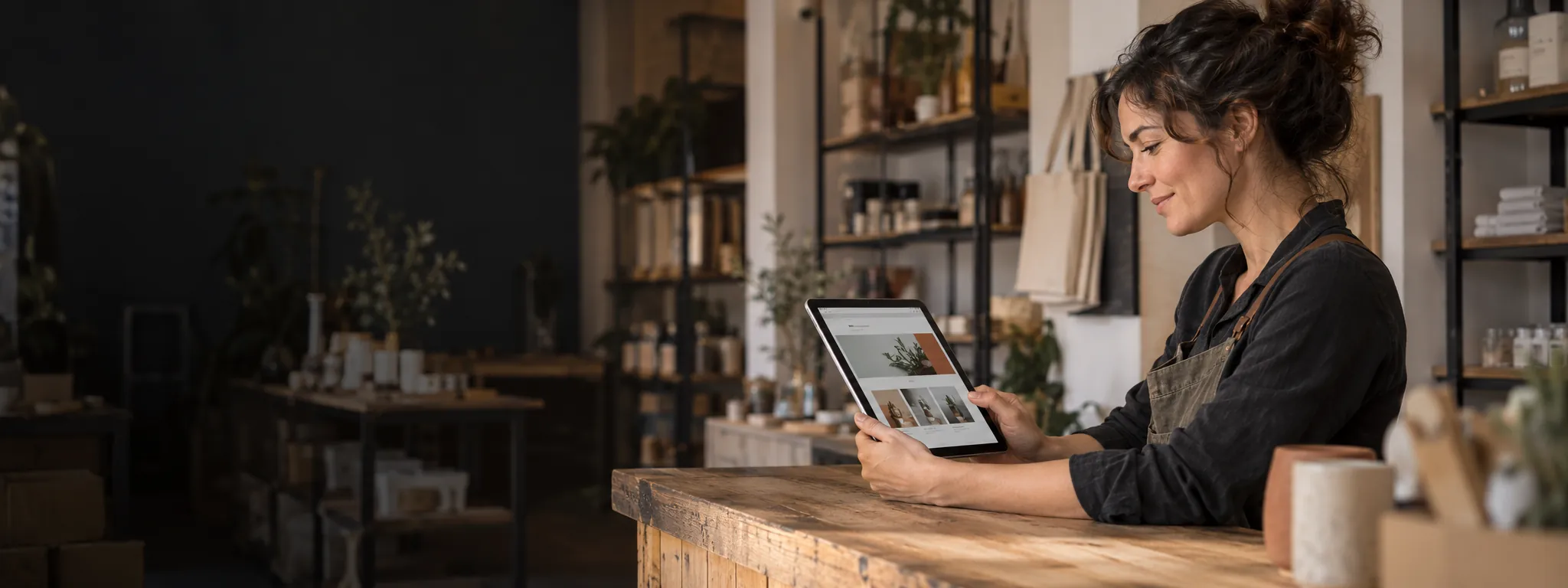 Dueña de un pequeño negocio revisando su web en una tableta