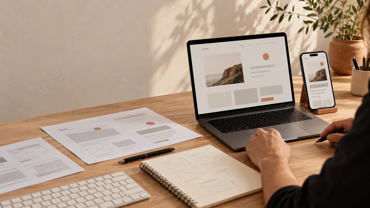 Portátil y móvil mostrando el diseño de una web sobre una mesa de trabajo
