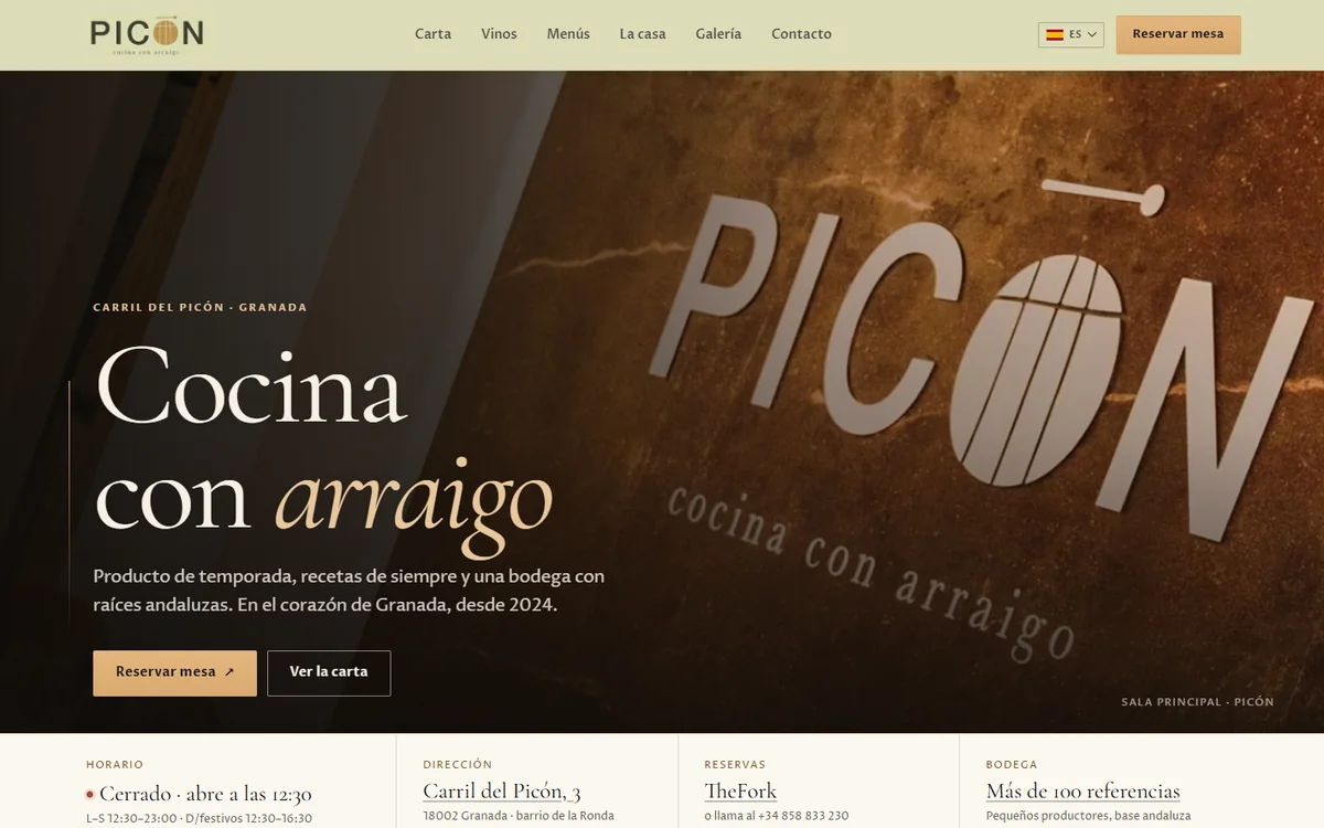 Portada del ejemplo de web para Restaurante Picón, cocina andaluza en Granada